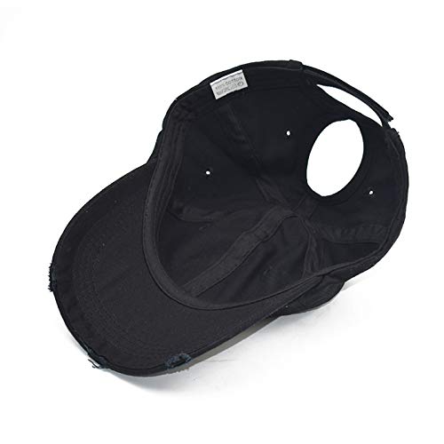 Messy Bun Baseball Cap for Women - Black Distressed Trucker Hat