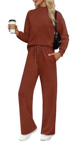 WIHOLL Two-Piece Lounge Set for Women, Caramel – Mock Neck Top & Wide-Leg Pants