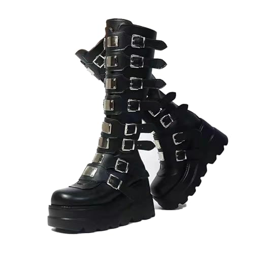 Women’s Platform Punk Goth Mid Calf Boots - Chunky Heel - Black