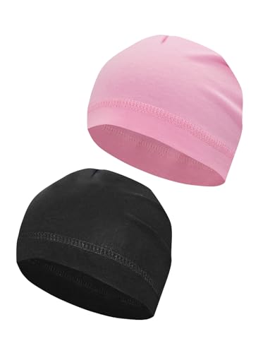 Lightweight Cotton Skull Cap - Summer Beanie Hat - Black & Pink - XX-Large