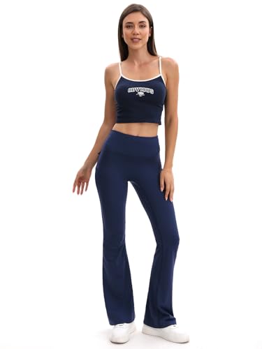 Women's High-Waisted Flare Leggings with Pockets - Large, Black/Navy Blue/Gray