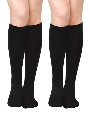 Knee High Socks for Women - Striped Cotton Tube Socks, 2 Pack Pure Black