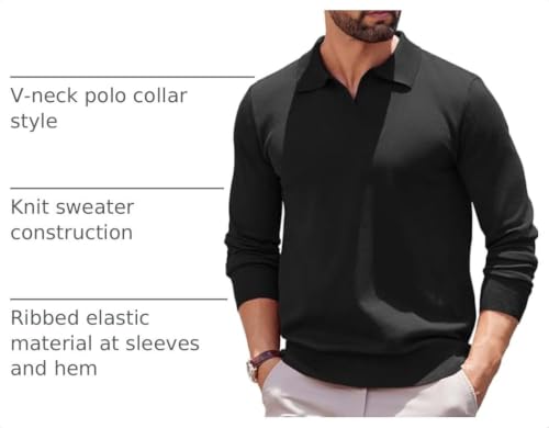 Men's Black Large Long Sleeve Polo Shirt Knit Sweater COOFANDY