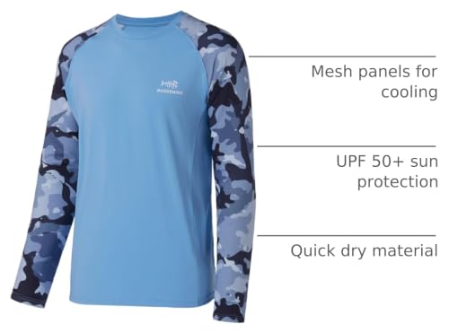 BASSDASH UPF 50 Men's Camouflage Long Sleeve Quick Dry Fishing Tee – X-Large, Carolina Blue Camo