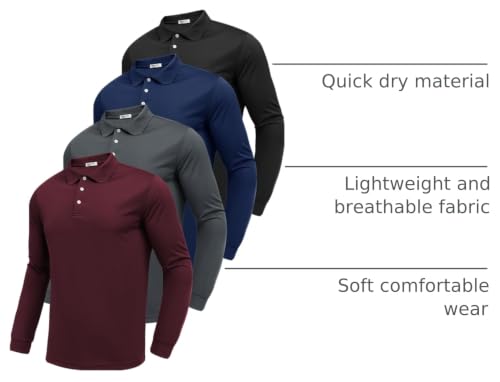 PINSPARK Men's Long Sleeve Golf Polo Shirts 4-Pack Moisture Wicking Quick Dry XL Black Navy Grey Red