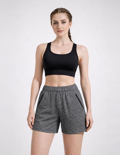 Women's Lounge Workout Shorts 1 or 5 Pack with Zipper Pockets, Heather Black/Blue/Purple/Pink/Gray, Large - Liberty Imports
