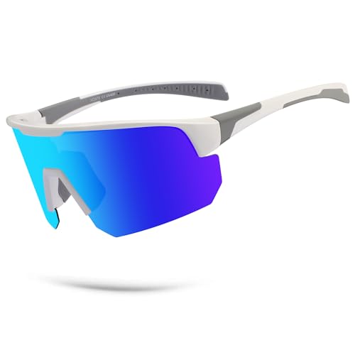 BangLong White Frame Blue Lens Polarized Sports Sunglasses UV400 Protection for Men & Women