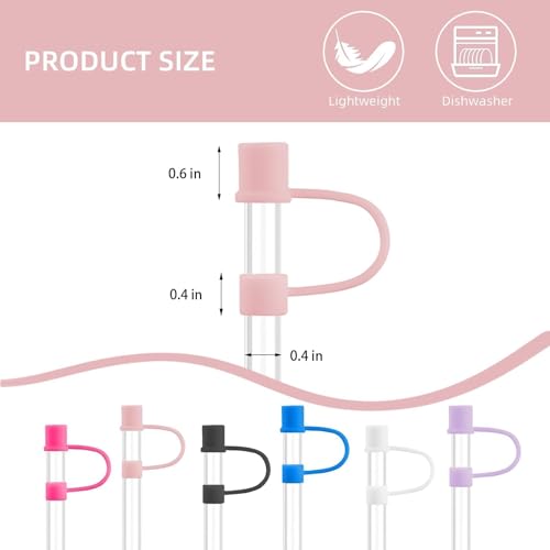 Silicone Straw Toppers for 10mm Straws - 6 Pack - Light Purple/White/Blue/Black/Light Pink/Rose Red