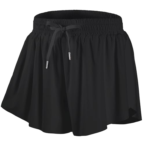 Girls Butterfly Shorts with Pocket - 2-in-1 Flowy Skorts for 10-11Y Black