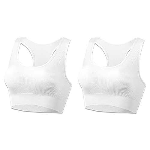 AMRIY Racerback Sports Bra for Women Medium Support Padded Seamless Wireless 2 Pcs White (36-38)