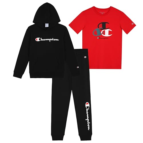 Champion Boys' 3-Piece Jogger Set Medium Black-Red | Hoodie, Sweatpants & T-Shirt