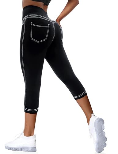 VOOVEEYA Women's High-Waisted Curvy Yoga Leggings with Back Pockets - Capri-19 Inseam, Large, Black
