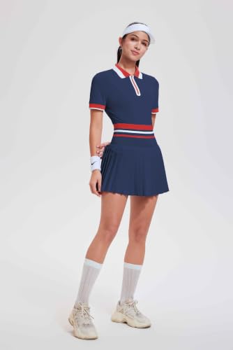 Airfree Navy Tennis Skirt Set for Women High Waist Golf Polo Two-Piece Outfit