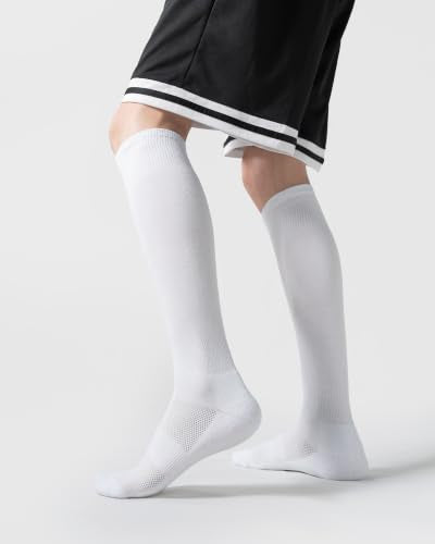 Funjoon Kids Soccer Socks 8-12 Years Youth Boys Knee High Cushioned Sports White