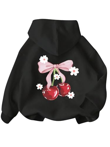 Cute Girl's Cherry Graphic Hoodie Sweatshirt - 9 Years / Black Flower
