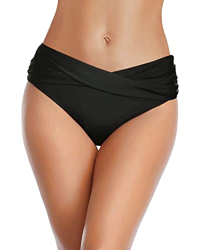 Women Twist Bikini Bottoms Medium Black Full Coverage Ruched Swimsuit - Tempt Me