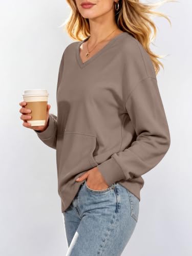 V-Neck Fleece Sweatshirt with Pockets - Large, Light Brown