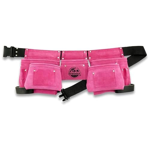 Graintex DS1118 8 Pocket Pink Tool Belt in Suede Leather with 2¡± Webbing Belt, 2 Leather Hammer Holders Loops