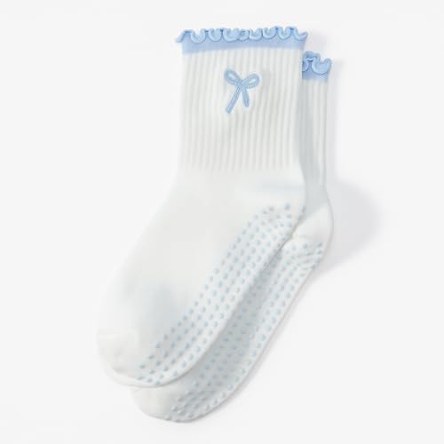Pilates Grip Socks for Women - Nonslip Yoga Socks - Blue Bow