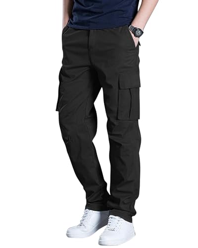 Black Large Men's Cargo Sweatpants with Elastic Drawstring - DOWMQ