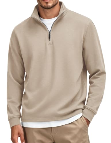 COOFANDY Mens Quarter Zip Fleece-Lined Mock Neck Sweatshirt Large Light Khaki