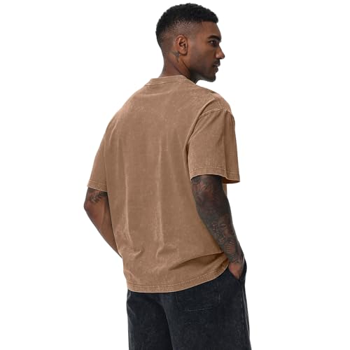 SnowElve Men's Oversized Cotton T-Shirt - Vintage Washed Loose Fit Unisex Casual Tee XL