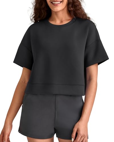 G4Free Smoofit Boxy T-Shirts for Women, Short Sleeve Crew Neck — Black, Medium