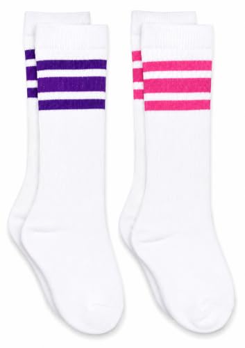 Knee High Baby & Toddler Socks with Arch Support - 12-24 Months, White with Purple & Hot Pink