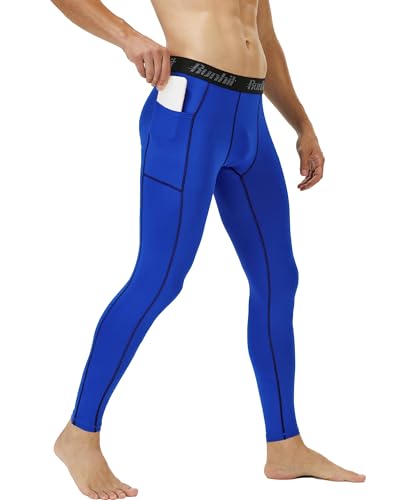 Mens Compression Tights with Pockets - Blue Black Line, Large