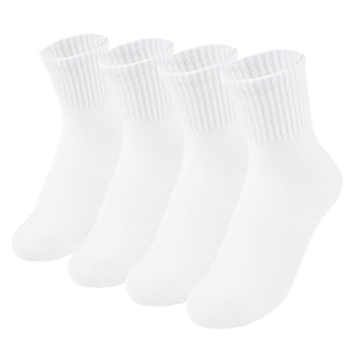 Kids Cotton Crew Socks with Retro Stripes - White, 4 Pairs for Ages 8-11