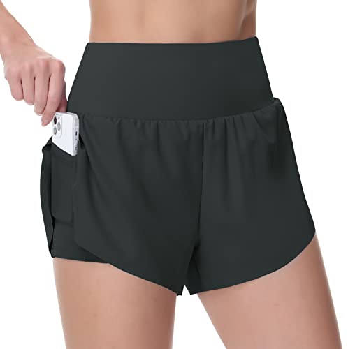 High Waisted Bermuda Shorts for Women - Long Workout Shorts - Large Dark Grey