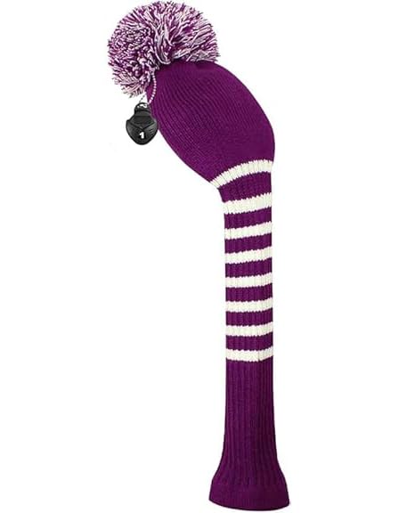 Knit Pom Pom Golf Club Cover - Purple Stripe Driver Protector