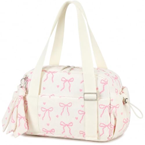 Pink Bow Beige Small Gym Bag for Women - Dance, Yoga & Fitness Tote
