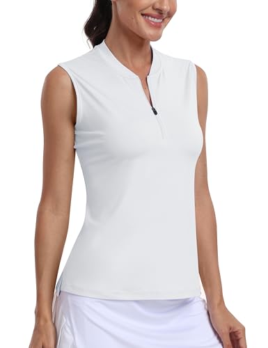 MoFiz Women's Sleeveless Golf Polo Shirt Medium White - 1/4 Zip Tennis Top