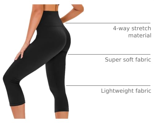 High Waisted Capri Leggings for Women - Tummy Control Yoga Pants - Black