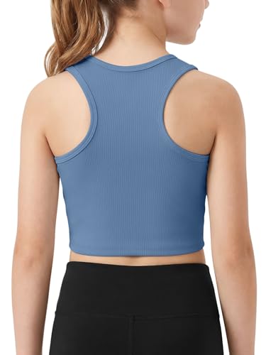 Kids Athletic Ribbed Knit Tank Top - Sleeveless Crop Blue 9-10Y