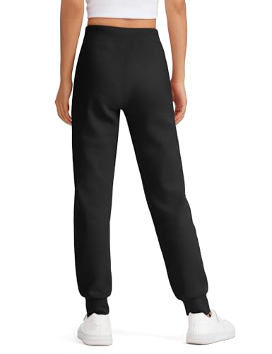 High Waisted Girls Sweatpants - Casual Joggers with Drawstring, Black, 9-10 Years
