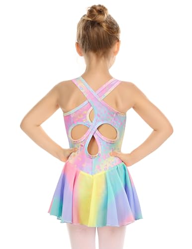 Arshiner Girls 4-5T Rainbow Leopard Hollow Back Ballet Leotard with Skirt - Sleeveless Dance Dress