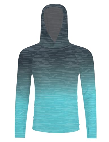 iWoo Men's UPF 50+ Sun Protection Hoodie Large Blue Gradient Black - Quick Dry UV Shirt for Fishing & Hiking