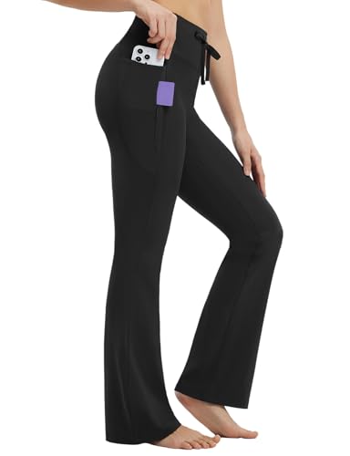 Baleaf XX-Large Black Flare Leggings with Zipper Pockets Drawstring Yoga Pants
