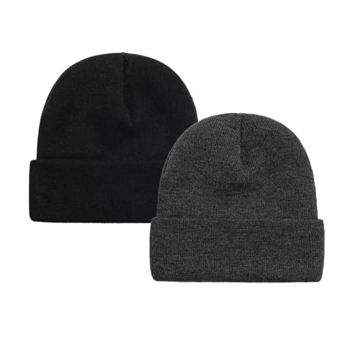 Unisex Knit Beanie Hats - 2 Pack Soft Slouchy Cuffed - Black & Deep Grey