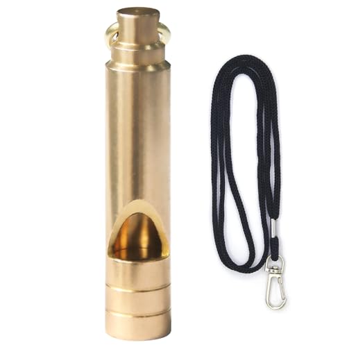 Loud 125 dB Brass Survival Whistle with Lanyard - 1 Pack