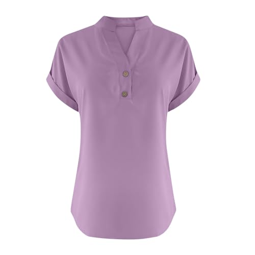 V Neck Linen Shirt for Women - Button Down Blouse, D-Purple, 3X-Large