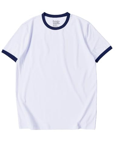 Zengjo Men's Ringer T-Shirt Crewneck Athletic Short Sleeve Sport Tee - Medium White/Navy