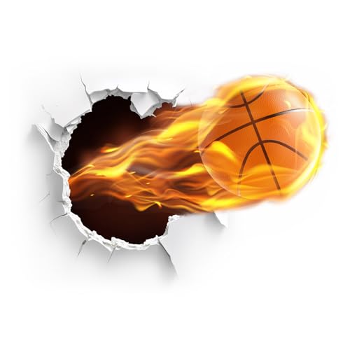 Wall Art 3D Basketball Wall Sticker, Removable Cracked Wall Decor Murals, Flying Fire Basketball Peel and Stick Wall Decals for Basketball Fans Men Boys Kids Playroom Bedroom Sports Hall