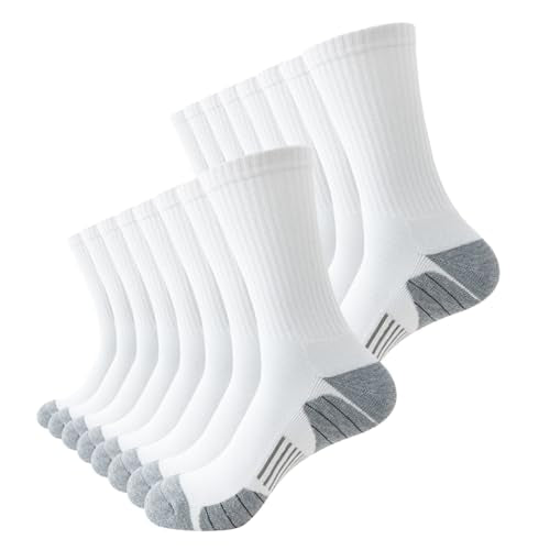JOYNÉE 8 Pairs Mens Athletic Crew Socks Cushion Running Work Breathable White Large