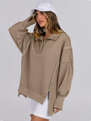 Oversized Henley Sweatshirt for Women - Khaki, Medium