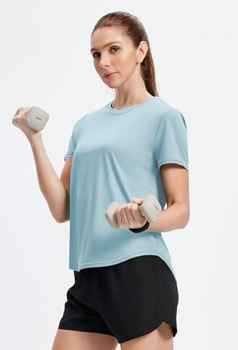 Womens Summer Workout T-Shirt - Short Sleeve Crewneck - Large Blue