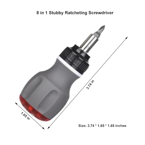 Stubby Ratcheting Screwdriver,8 in 1 Stubby Multi-bit Screwdriver Set with 1/4 Magnetic Extension Socket Drill Bit Holder for DIY Repairing