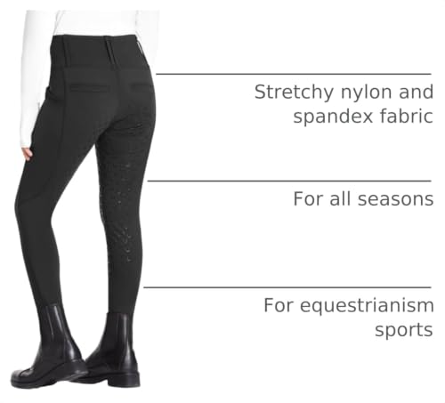 High Waist Equestrian Breeches for Girls - Silicone Grip, 3 Pockets, Medium/Black